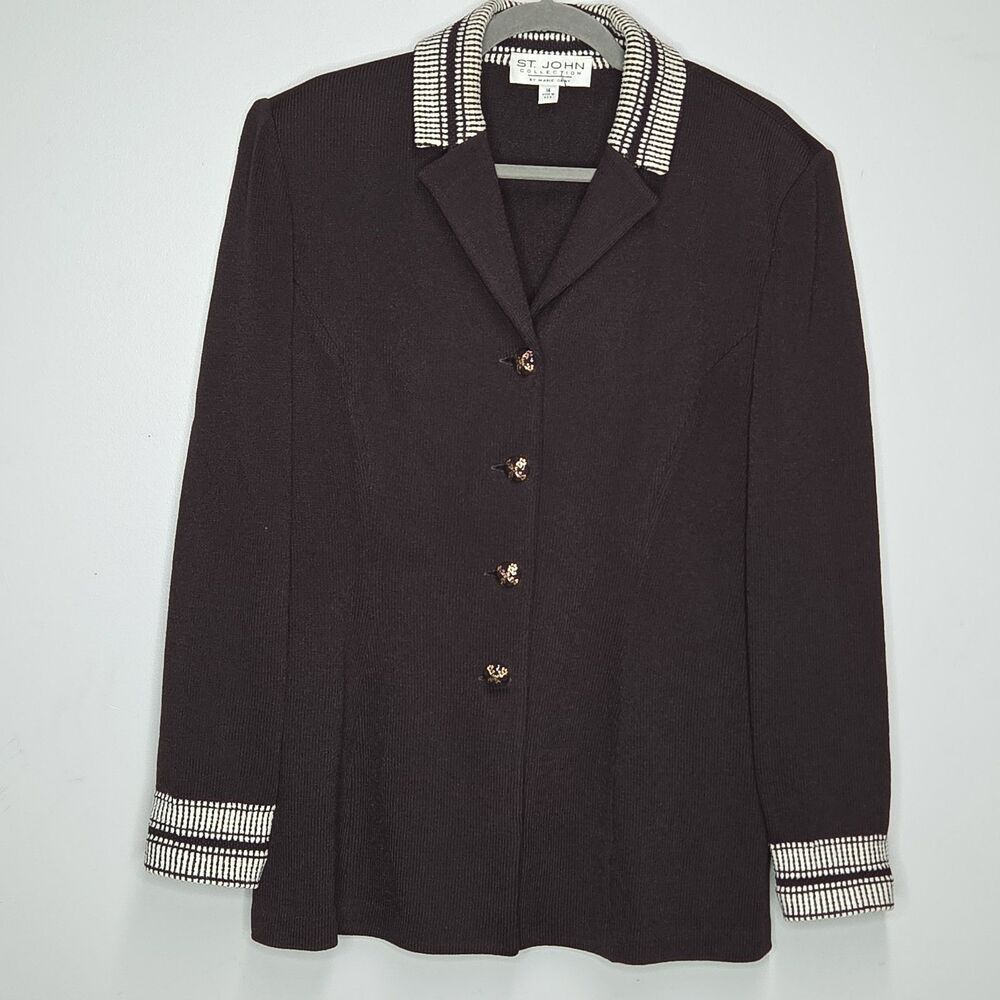 St John Collection Marie Gray Santana Knit Blazer Jacket 14 Brown Shoulder Pads
